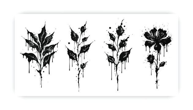 A set of four distinct botanical illustrations featuring artistic paint drip effects on white,