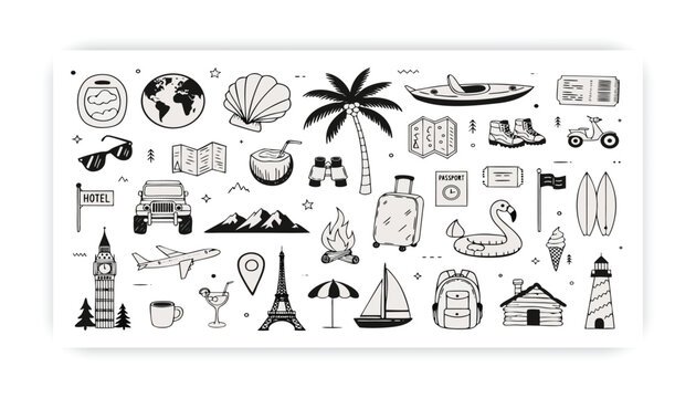 Hand Drawn Travel Doodle Set with Landmarks, Airplane, Beach, Transport and Tourism Icons Vector Illustration,