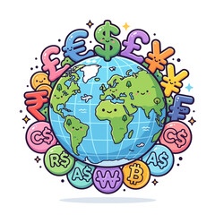 Naklejka premium A colorful illustration of a globe surrounded by various currency symbols worldwide.
