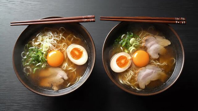 Two steaming bowls of ramen noodles with eggs and chopsticks on a table