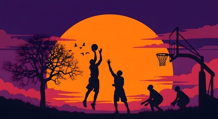 Fototapeta premium Basketball silhouette at sunset a dynamic outdoor sports scene