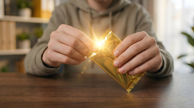 Close Up Hands Opening Golden Trading Card Game Booster Pack with Glowing Rare Light Reveal