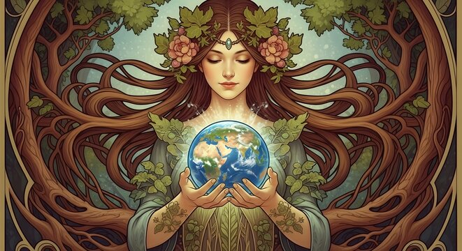 Art nouveau goddess holding a glowing orb of earth