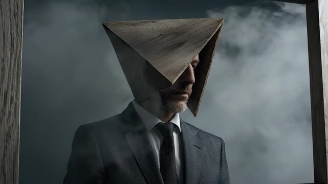 Mature male figure in sleek business wear with a triangular wooden head covering, standing amidst subtle mist, evoking deep enigma and a profound, secret truth.