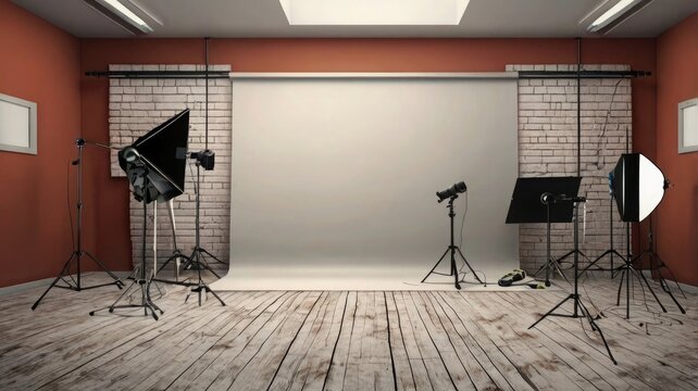Photography studio setup with lighting equipment and backdrop image