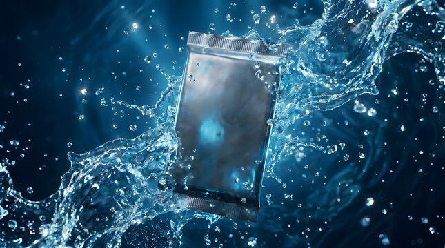 3D Render Blank Trading Card Game Booster Pack with Dynamic Water Splash and Liquid Effects