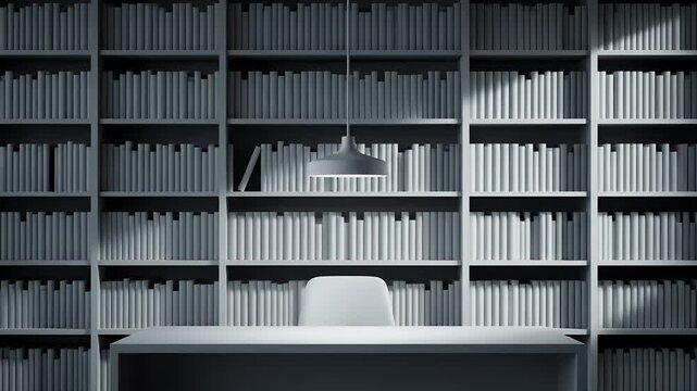 A well-lit office desk with a chair sits before a large bookshelf filled with books.