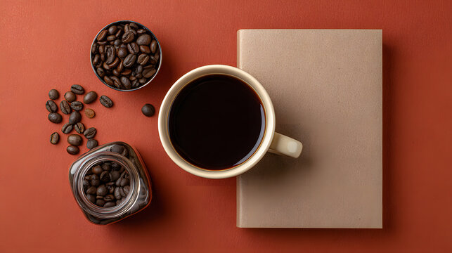Coffee beans, cup of coffee, and a book on a warm terracotta background.