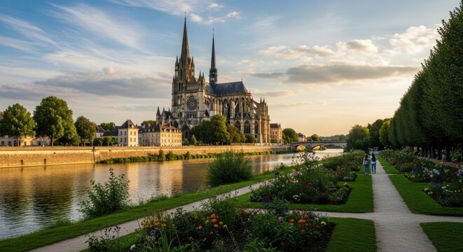 Picturesque View of Evreux Cathedral and River in France.