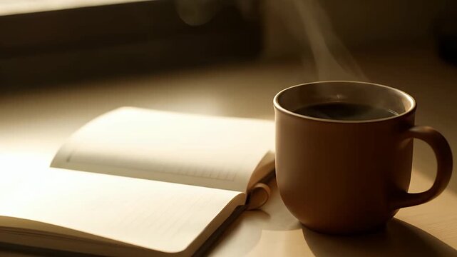 A steaming cup of coffee sits beside an open book on a sunny table indoors.