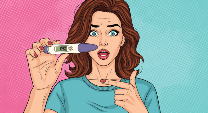 Surprised woman with an open mouth holds up a positive digital pregnancy test against a colorful halftone background.