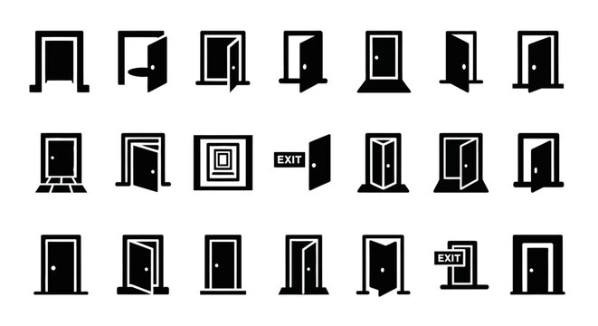 20 door icons, black and white, vector illustrations, door symbols, entrance signs