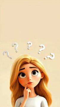 A cartoon girl with flowing blonde hair contemplates, question marks floating above her head, a look of thoughtful curiosity on her face.
