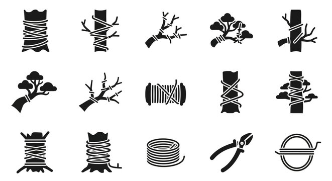 Black wire, cable, and rope icons, electrical cord, twine, and wire bundle vector set