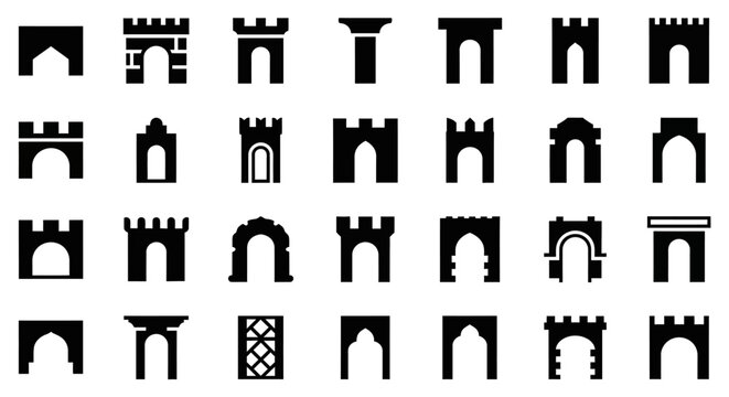Architectural Arches, Castle Gate Icons, Black Silhouettes, Vector Set of 25