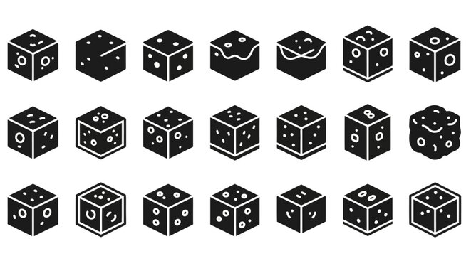Black and white dice icons, 20 gaming cube symbols, vector illustration, monochrome design elements