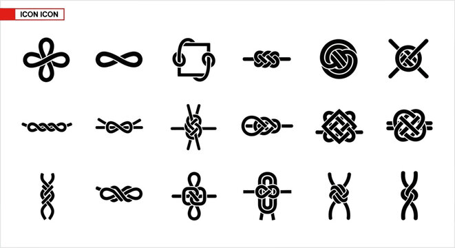 Knot, rope, infinity, symbol, icon set, 20 black and white vector graphics