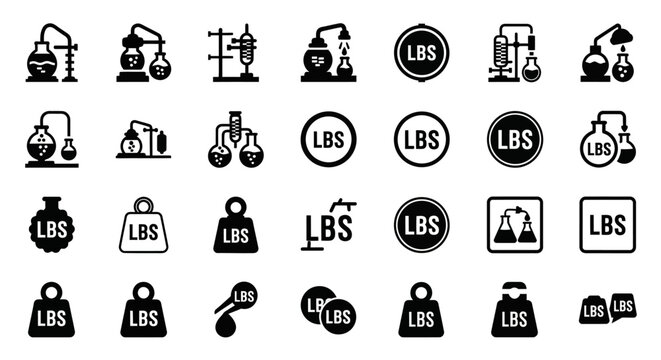 Weight icons, pound symbols, LBS labels, weight signs, vector graphics
