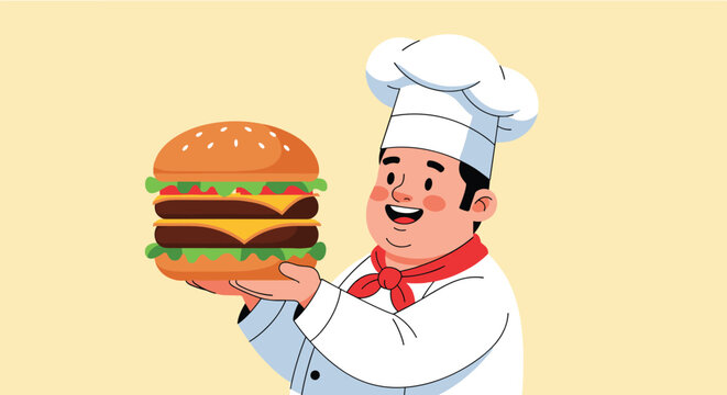 Smiling chef in a white uniform and hat holding out a massive double-patty hamburger with cheese and lettuce.