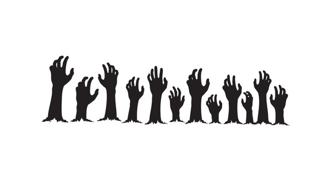 Zombie hands rising from ground black silhouette collection for horror theme design isolated on white background set.