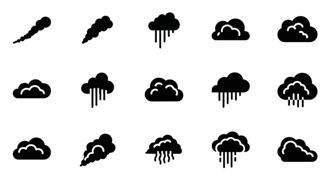 Weather icons, rain clouds, storm symbols, black silhouette set