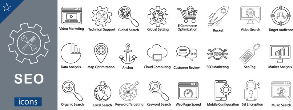 SEO and Digital Marketing Icons Minimalist Monolinear Line Art for Search Optimization, Analytics, and Web Strategy