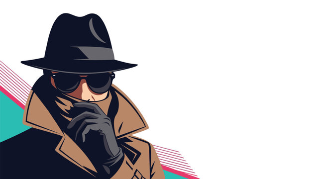 Mysterious man wearing a brown fedora hat, sunglasses, and a trench coat partially hiding his face behind his gloved hand.