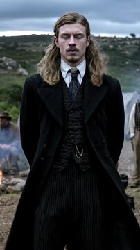 Serious Mormon man, reflective spiritual leader, embodying pioneer era faith and devotion, standing amidst a rugged frontier landscape, historical religious community