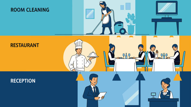 Infographic showing various hotel services including room cleaning in blue restaurant dining in orange and reception check-in in dark blue.