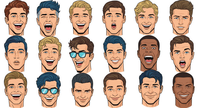 Collection of eighteen diverse male character heads in a grid showing various facial expressions and hairstyles in a pop art style.
