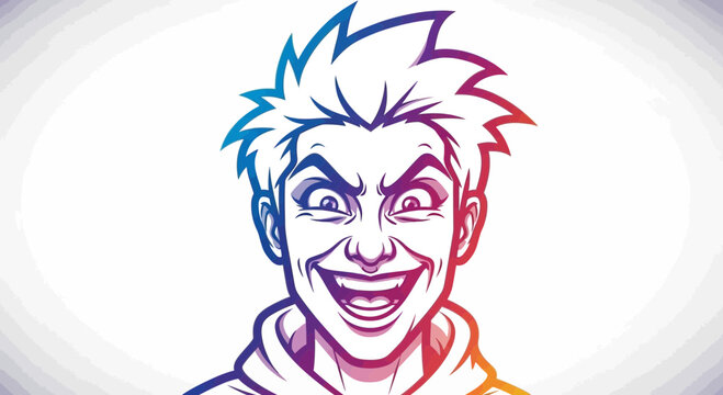 Manic Grinning Face, Crazy Eyes, Cartoon Style Portrait, Vibrant Colors