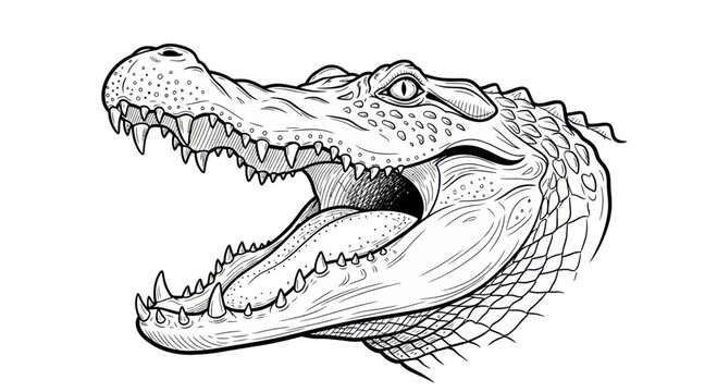 Detailed illustration of an alligator head with mouth open, showing sharp teeth.
