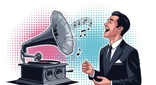 Enthusiastic man in a suit singing along to music from a vintage gramophone with floating musical notes in a retro pop art design.