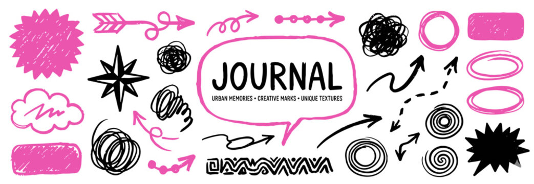 Hand Drawn Journal Element Set with Pink and Black Marker Arrows Circles Scribbles and Speech Bubbles