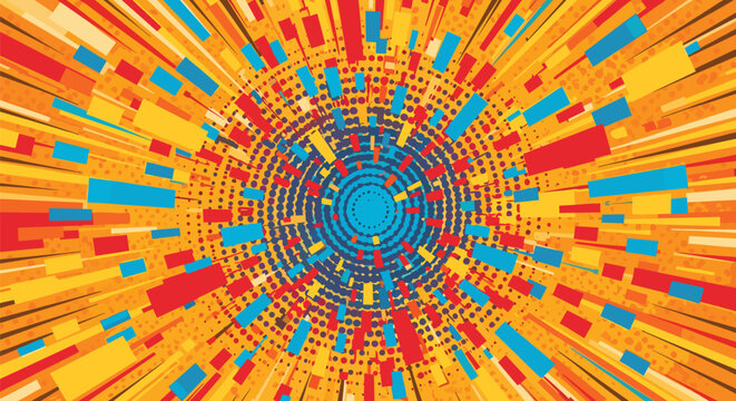 Dynamic abstract background featuring colorful geometric shapes and halftone dots radiating from a central blue core in comic style.