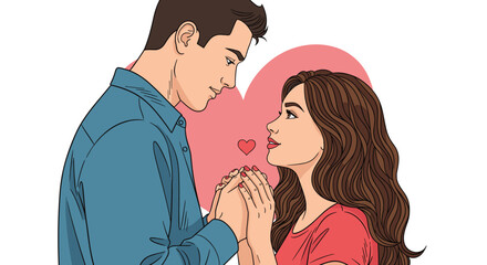 Obraz premium Romantic young couple holding hands and looking into each other's eyes in front of a pink heart symbol for Valentine's Day concepts.
