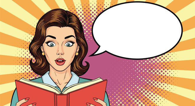 Surprised woman with wide eyes reading a red book with an empty speech bubble for text against a vibrant pop art sunburst background.