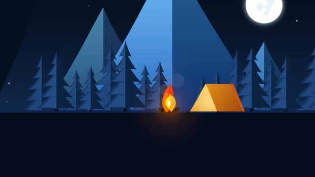 Animated night camping scene with an orange tent and campfire among pine trees, set against mountains under a starry sky with a full moon in a flat vector style.