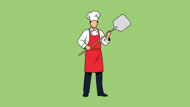 Professional male chef wearing a red apron and white hat holding a pizza peel, symbolizing traditional Italian cooking and bakery.