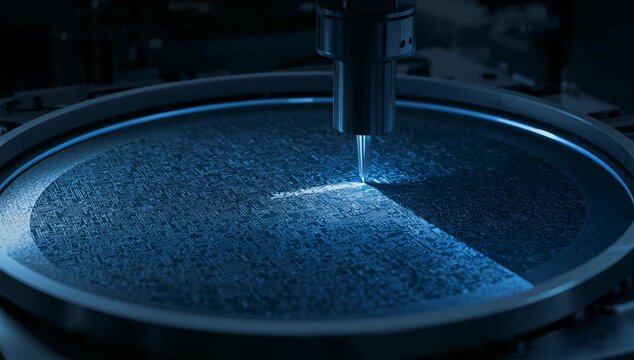 寄り構図でウエハ表面と検査光を強調した半導体ロボット工程