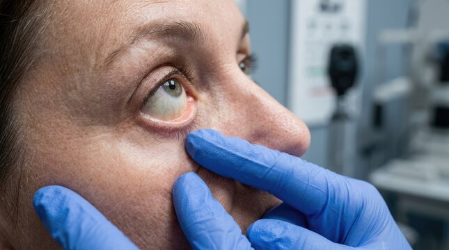 Medical professional examining a patient's eye, checking for conjunctival pallor, diagnosing iron deficiency anemia, a common blood disorder, during a detailed clinical assessment