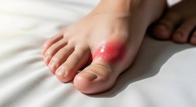 Foot inflammation disorder: gout attack, gouty arthritis, podagra symptom, uric acid, urate crystal, joint pain, toe problem, red swelling, medical issue, health condition.