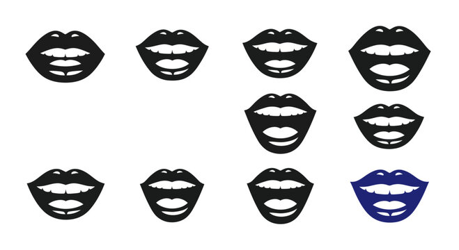 Unique blue lips icon among black lips, representing individuality and standing out.