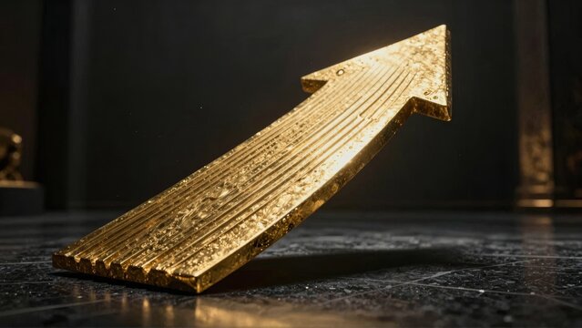 Golden Growth Arrow Pointing Upward on Dark Reflective Surface