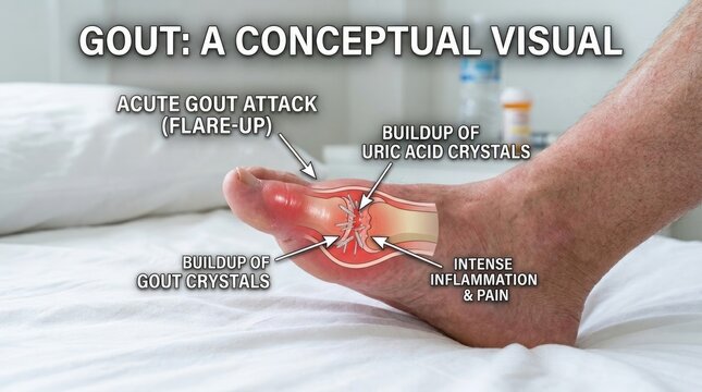 Joint distress explanation: gouty attack, crystal deposit, toe inflammation, hyperuricemia symptom, foot pain, chronic arthritis, medical science, body affliction.