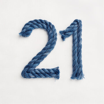 Nautical Style 3D Numerals: Blue Cord Number 21 on White