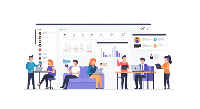 Team Collaboration in a Modern Office with Data Analytics Dashboard