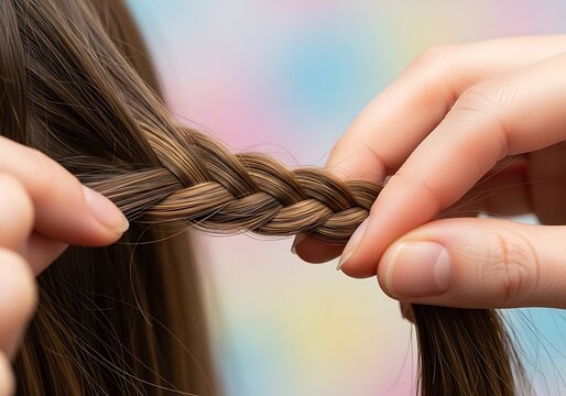 Close-up of Hands Braiding Long Brown Hair on Colorful Background