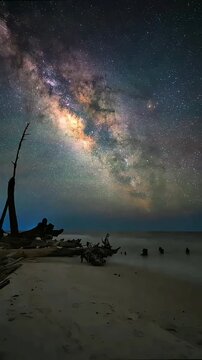Under a breathtaking Milky Way, driftwood rests on a serene beach where the dark ocean meets a starry sky, creating a mystical, tranquil scene.