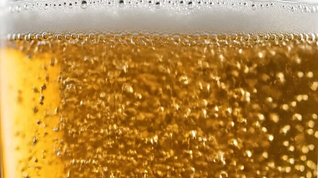 Closeup of golden beer with rising bubbles and foam.